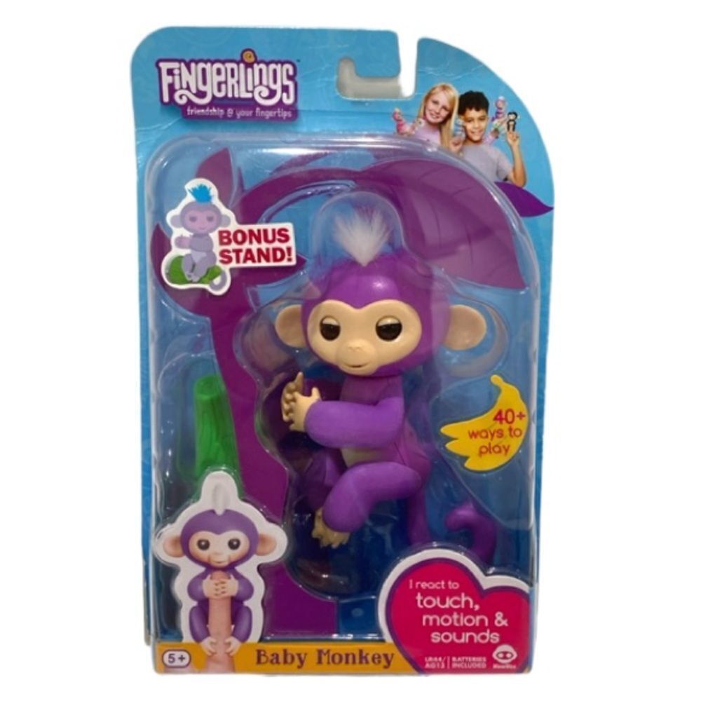 WowWee Fingerlings Interactive Pet Baby Monkey Mia With Bonus Stand Purple NWT